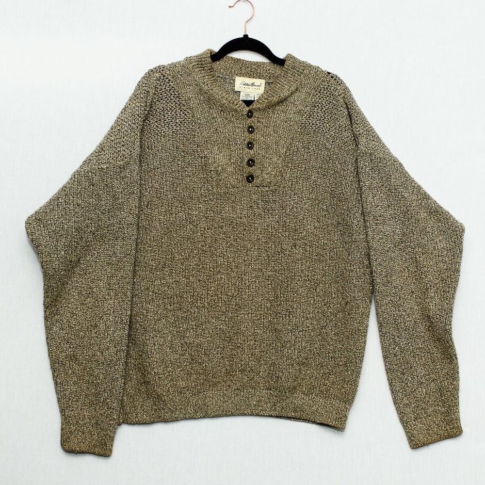 Eddie Bauer Sweater L Beige Chunky Knit Henley FLAW Eclectic Grandpa Vintage